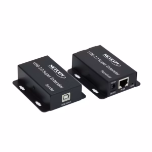 Extender USB de 60 Metros por UTP con 4 salidas USB 2.0 NETCOM PE-UA0060: Extiende y Multiplica tus Puertos USB a largas Distancias, Kit extensor hub USB 2.0 Netcom PE-UA0060, mostrando las dos unidades metálicas: el transmisor (TX) y el receptor (RX) con sus 4 puertos USB, un producto profesional de HD Multimedia PERU SAC.