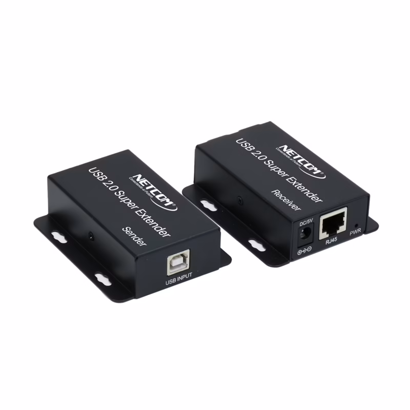 Extender USB de 60 Metros por UTP con 4 salidas USB 2.0 NETCOM PE-UA0060: Extiende y Multiplica tus Puertos USB a largas Distancias, Kit extensor hub USB 2.0 Netcom PE-UA0060, mostrando las dos unidades metálicas: el transmisor (TX) y el receptor (RX) con sus 4 puertos USB, un producto profesional de HD Multimedia PERU SAC.