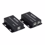 Extender USB de 60 Metros por UTP con 4 salidas USB 2.0 NETCOM PE-UA0060: Extiende y Multiplica tus Puertos USB a largas Distancias, Kit extensor hub USB 2.0 Netcom PE-UA0060, mostrando las dos unidades metálicas: el transmisor (TX) y el receptor (RX) con sus 4 puertos USB, un producto profesional de HD Multimedia PERU SAC.