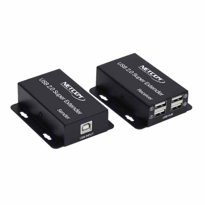 Extender USB de  Metros por UTP con  salidas USB  NETCOM PE UA Extiende y Multiplica tus Puertos USB a largas Distancias Kit extensor hub USB  Netcom PE UA mostrando las dos unidades metálicas el transmisor TX y el receptor RX con sus  puertos USB un producto profesional de HD Multimedia PERU SAC