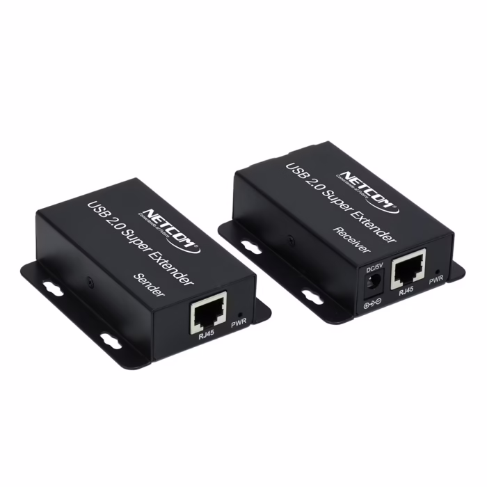 Extender USB de  Metros por UTP con  salidas USB  NETCOM PE UA Extiende y Multiplica tus Puertos USB a largas Distancias Kit extensor hub USB  Netcom PE UA mostrando las dos unidades metálicas el transmisor TX y el receptor RX con sus  puertos USB un producto profesional de HD Multimedia PERU SAC