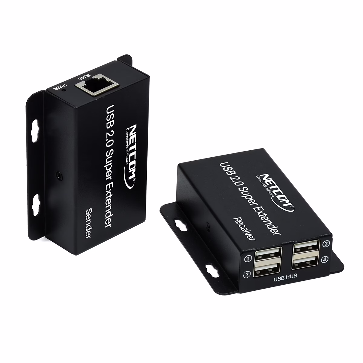 Extender USB de 60 Metros por UTP con 4 salidas USB 2.0 NETCOM PE-UA0060: Extiende y Multiplica tus Puertos USB a largas Distancias, Kit extensor hub USB 2.0 Netcom PE-UA0060, mostrando las dos unidades metálicas: el transmisor (TX) y el receptor (RX) con sus 4 puertos USB, un producto profesional de HD Multimedia PERU SAC.