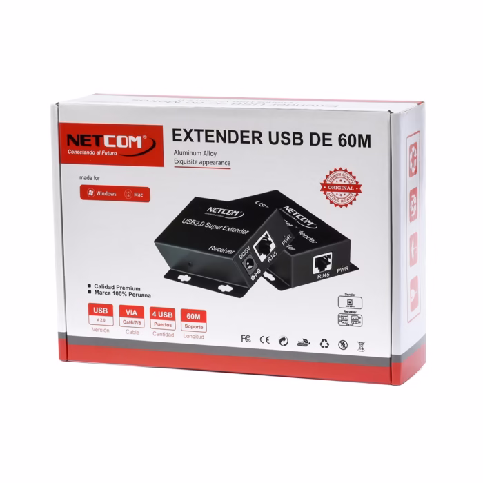 Extender USB de  Metros por UTP con  salidas USB  NETCOM PE UA Extiende y Multiplica tus Puertos USB a largas Distancias Kit extensor hub USB  Netcom PE UA mostrando las dos unidades metálicas el transmisor TX y el receptor RX con sus  puertos USB un producto profesional de HD Multimedia PERU SAC