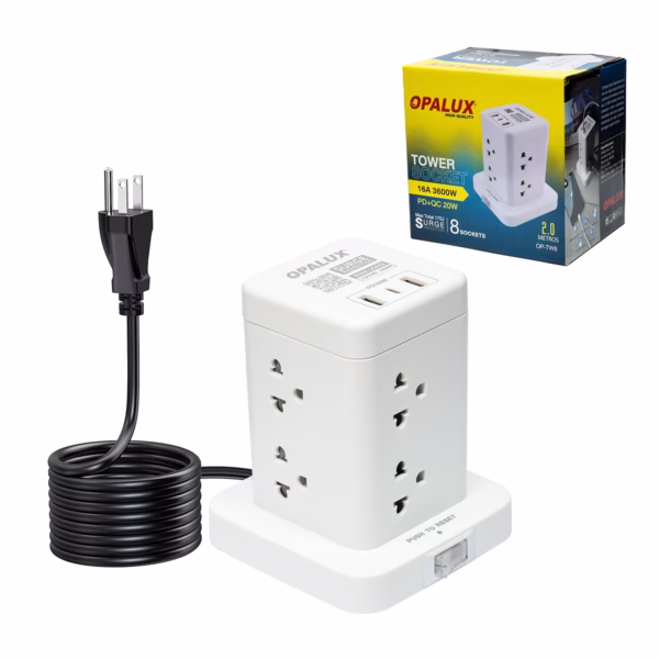Torre Eléctrica de 8 Tomas y Carga Rápida USB-C Opalux OP-TW8: Organiza y Protege Todos tus Equipos, Torre eléctrica vertical Opalux OP-TW8 de color blanco, mostrando sus 8 tomas de corriente universales y sus 3 puertos de carga USB (A y C), un producto de HD Multimedia PERU SAC.
