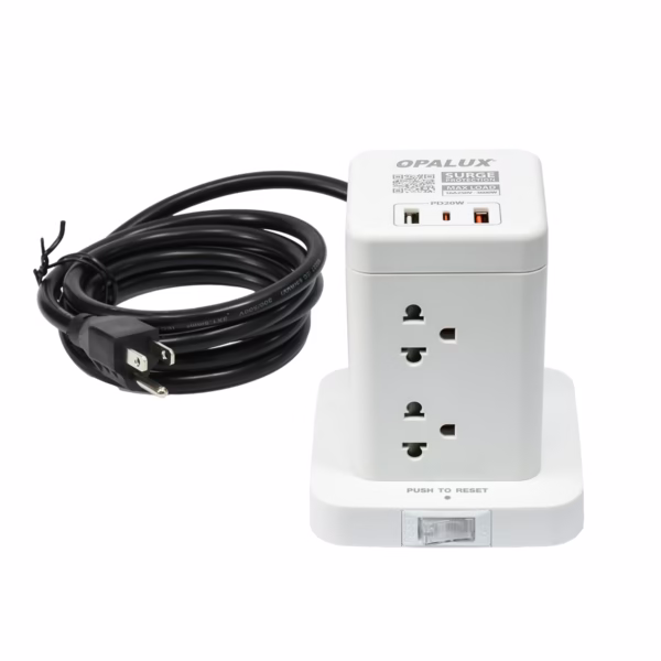 Torre Eléctrica de 8 Tomas y Carga Rápida USB-C Opalux OP-TW8: Organiza y Protege Todos tus Equipos, Torre eléctrica vertical Opalux OP-TW8 de color blanco, mostrando sus 8 tomas de corriente universales y sus 3 puertos de carga USB (A y C), un producto de HD Multimedia PERU SAC.