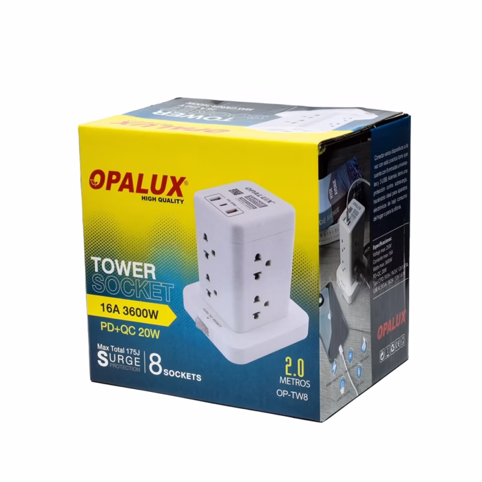 Torre Eléctrica de  Tomas y Carga Rápida USB C Opalux OP TW Organiza y Protege Todos tus Equipos Torre eléctrica vertical Opalux OP TW de color blanco mostrando sus  tomas de corriente universales y sus  puertos de carga USB A y C un producto de HD Multimedia PERU SAC