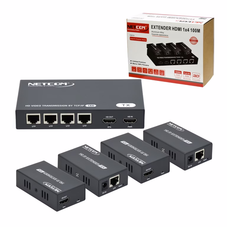 Extensor Splitter HDMI 1x4 por UTP 100M NETCOM PE-EX0050 | Venta en Perú, Kit extensor splitter HDMI 1x4 Netcom PE-EX0050, mostrando la unidad transmisora metálica con sus 4 puertos de red de salida y la unidad receptora, un producto AV profesional de HD Multimedia PERU SAC.