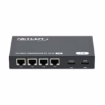 Extensor Splitter HDMI 1x4 por UTP 100M NETCOM PE-EX0050 | Venta en Perú, Kit extensor splitter HDMI 1x4 Netcom PE-EX0050, mostrando la unidad transmisora metálica con sus 4 puertos de red de salida y la unidad receptora, un producto AV profesional de HD Multimedia PERU SAC