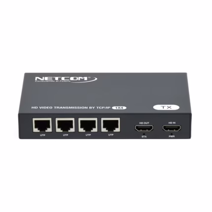 Extensor Splitter HDMI 1x4 por UTP 100M NETCOM PE-EX0050 | Venta en Perú, Kit extensor splitter HDMI 1x4 Netcom PE-EX0050, mostrando la unidad transmisora metálica con sus 4 puertos de red de salida y la unidad receptora, un producto AV profesional de HD Multimedia PERU SAC