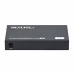 Extensor Splitter HDMI 1x4 por UTP 100M NETCOM PE-EX0050 | Venta en Perú, Kit extensor splitter HDMI 1x4 Netcom PE-EX0050, mostrando la unidad transmisora metálica con sus 4 puertos de red de salida y la unidad receptora, un producto AV profesional de HD Multimedia PERU SAC