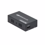Extensor Splitter HDMI 1x4 por UTP 100M NETCOM PE-EX0050 | Venta en Perú, Kit extensor splitter HDMI 1x4 Netcom PE-EX0050, mostrando la unidad transmisora metálica con sus 4 puertos de red de salida y la unidad receptora, un producto AV profesional de HD Multimedia PERU SAC