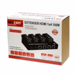 Extensor Splitter HDMI 1x4 por UTP 100M NETCOM PE-EX0050 | Venta en Perú, Kit extensor splitter HDMI 1x4 Netcom PE-EX0050, mostrando la unidad transmisora metálica con sus 4 puertos de red de salida y la unidad receptora, un producto AV profesional de HD Multimedia PERU SAC