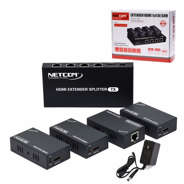 Extensor Splitter HDMI 1x4 por UTP 60M con sistema POC NETCOM PE-EXS060 | Venta en Perú, Kit extensor splitter HDMI 1x4 Netcom PE-EXS060 con tecnología PoC, mostrando la unidad transmisora metálica con sus 4 puertos de red y sus cuatro receptores compactos, un producto AV profesional de HD Multimedia PERU SAC.