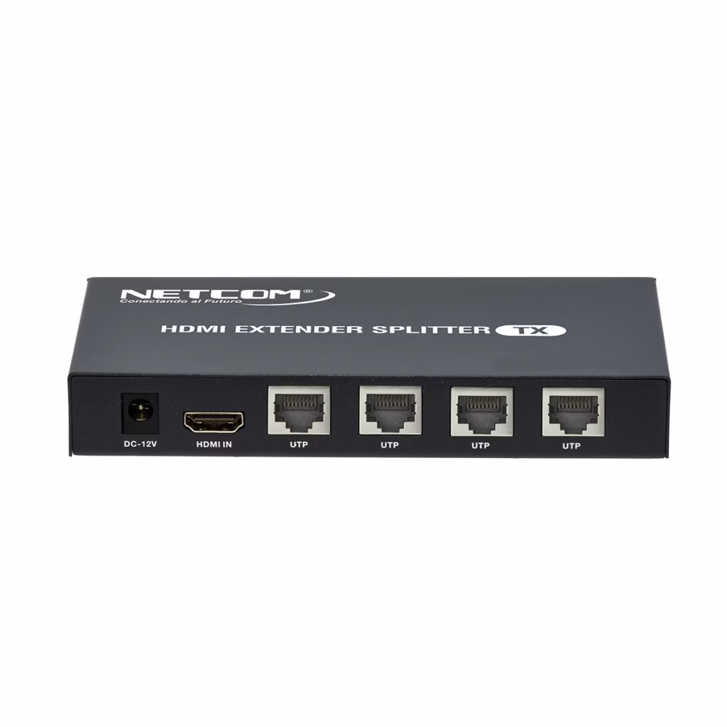 Extensor Splitter HDMI x por UTP M con sistema POC NETCOM PE EXS | Venta en Perú Kit extensor splitter HDMI x Netcom PE EXS con tecnología PoC mostrando la unidad transmisora metálica con sus  puertos de red y sus cuatro receptores compactos un producto AV profesional de HD Multimedia PERU SAC