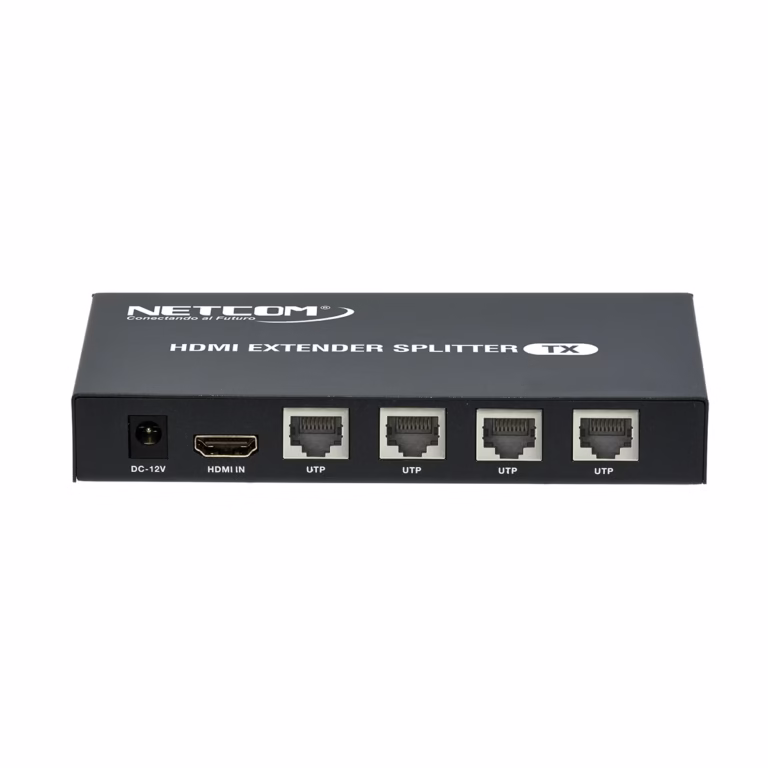 Extensor Splitter HDMI 1x4 por UTP 60M con sistema POC NETCOM PE-EXS060 | Venta en Perú, Kit extensor splitter HDMI 1x4 Netcom PE-EXS060 con tecnología PoC, mostrando la unidad transmisora metálica con sus 4 puertos de red y sus cuatro receptores compactos, un producto AV profesional de HD Multimedia PERU SAC.