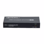 Extensor Splitter HDMI 1x4 por UTP 60M con sistema POC NETCOM PE-EXS060 | Venta en Perú, Kit extensor splitter HDMI 1x4 Netcom PE-EXS060 con tecnología PoC, mostrando la unidad transmisora metálica con sus 4 puertos de red y sus cuatro receptores compactos, un producto AV profesional de HD Multimedia PERU SAC.