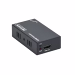 Extensor Splitter HDMI 1x4 por UTP 60M con sistema POC NETCOM PE-EXS060 | Venta en Perú, Kit extensor splitter HDMI 1x4 Netcom PE-EXS060 con tecnología PoC, mostrando la unidad transmisora metálica con sus 4 puertos de red y sus cuatro receptores compactos, un producto AV profesional de HD Multimedia PERU SAC.
