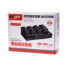 Extensor Splitter HDMI x por UTP M con sistema POC NETCOM PE EXS | Venta en Perú Kit extensor splitter HDMI x Netcom PE EXS con tecnología PoC mostrando la unidad transmisora metálica con sus  puertos de red y sus cuatro receptores compactos un producto AV profesional de HD Multimedia PERU SAC