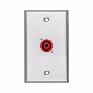 Faceplate SPEAKON Metálico Finder WP-TM1406: Dale un Acabado Profesional a tu Sonido, Faceplate o placa de pared metálica marca Finder, con un conector Speakon hembra de 4 polos y color rojo profesional instalado, producto para audio de HD Multimedia PERU SAC.