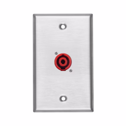 Faceplate SPEAKON Metálico Finder WP-TM1406: Dale un Acabado Profesional a tu Sonido, Faceplate o placa de pared metálica marca Finder, con un conector Speakon hembra de 4 polos y color rojo profesional instalado, producto para audio de HD Multimedia PERU SAC.