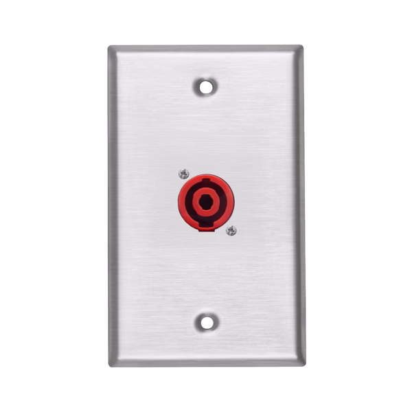 Faceplate SPEAKON Metálico Finder WP-TM1406: Dale un Acabado Profesional a tu Sonido, Faceplate o placa de pared metálica marca Finder, con un conector Speakon hembra de 4 polos y color rojo profesional instalado, producto para audio de HD Multimedia PERU SAC.
