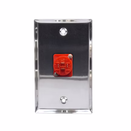 Faceplate SPEAKON Metálico Finder WP-TM1406: Dale un Acabado Profesional a tu Sonido, Faceplate o placa de pared metálica marca Finder, con un conector Speakon hembra de 4 polos y color rojo profesional instalado, producto para audio de HD Multimedia PERU SAC.