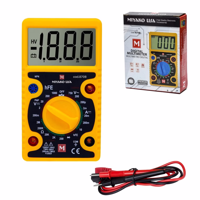 Multímetro Digital Miyako USA 870B: La Herramienta Esencial para tus Proyectos, Multímetro digital Miyako USA 870B de color amarillo, mostrando su pantalla LCD, el selector giratorio y las puntas de prueba, una herramienta de medición esencial de HD Multimedia PERU SAC.