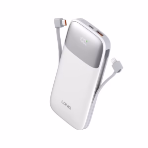 PowerBank 10000mAh 22.5W Carga Rápida PD+QC3+SCP LDNIO PQ19, Power Bank compacto LDNIO PQ19 de 10000mAh color blanco, mostrando su pantalla LED digital y los dos cables de carga cortos integrados (USB-C y Lightning), un producto de HD Multimedia PERU SAC.