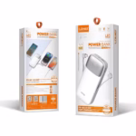 PowerBank 10000mAh 22.5W Carga Rápida PD+QC3+SCP LDNIO PQ19, Power Bank compacto LDNIO PQ19 de 10000mAh color blanco, mostrando su pantalla LED digital y los dos cables de carga cortos integrados (USB-C y Lightning), un producto de HD Multimedia PERU SAC.