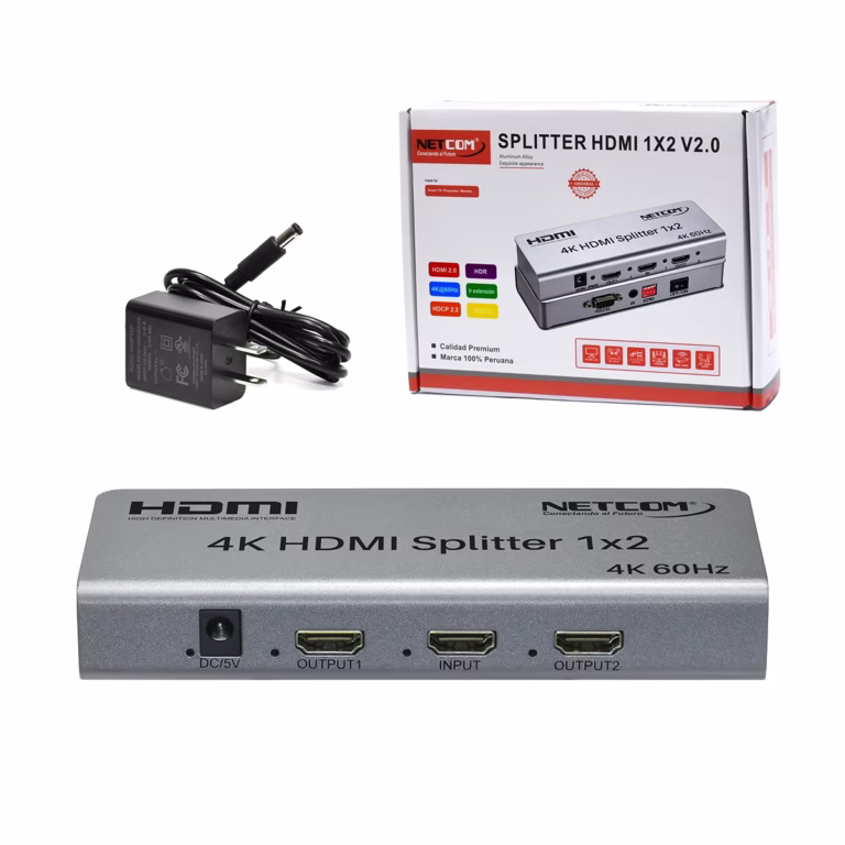 Splitter HDMI 1x2 4K@60Hz v2.0 con EDID Netcom PE-SP0072: La Solución Inteligente para Duplicar tu Señal, Divisor HDMI 1x2 4K@60Hz versión 2.0, Splitter HDMI 1x2 profesional Netcom PE-SP0072 de metal color gris, mostrando sus puertos HDMI y los selectores de modo EDID, un producto AV de alta gama de HD Multimedia PERU SAC.
