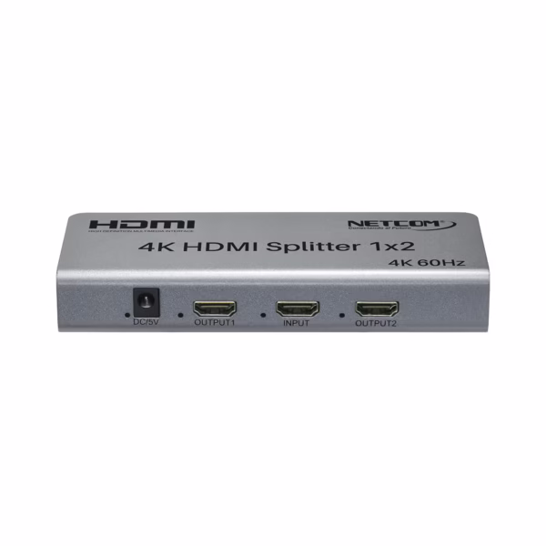Splitter HDMI 1x2 4K@60Hz v2.0 con EDID Netcom PE-SP0072: La Solución Inteligente para Duplicar tu Señal, Divisor HDMI 1x2 4K@60Hz versión 2.0, Splitter HDMI 1x2 profesional Netcom PE-SP0072 de metal color gris, mostrando sus puertos HDMI y los selectores de modo EDID, un producto AV de alta gama de HD Multimedia PERU SAC.