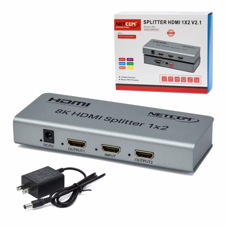 Splitter HDMI 1x2 8K 60Hz NETCOM PE-SH0202: Duplica tu Experiencia Visual en Alta Resolución, Divisor HDMI 1x2 8K, Splitter HDMI 1x2 de alto rendimiento Netcom PE-SH0202 de metal color gris, mostrando sus puertos para video 8K y 4K a 120Hz, un producto de vanguardia de HD Multimedia PERU SAC.