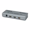 Splitter HDMI 1x2 8K 60Hz 4K@120Hz con EDID NETCOM PE-SH0202____01 Splitter HDMI 1x2 8K 60Hz NETCOM PE-SH0202: Duplica tu Experiencia Visual en Alta Resolución, Divisor HDMI 1x2 8K, Splitter HDMI 1x2 de alto rendimiento Netcom PE-SH0202 de metal color gris, mostrando sus puertos para video 8K y 4K a 120Hz, un producto de vanguardia de HD Multimedia PERU SAC.