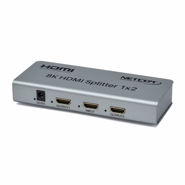 Splitter HDMI 1x2 8K 60Hz NETCOM PE-SH0202: Duplica tu Experiencia Visual en Alta Resolución, Divisor HDMI 1x2 8K, Splitter HDMI 1x2 de alto rendimiento Netcom PE-SH0202 de metal color gris, mostrando sus puertos para video 8K y 4K a 120Hz, un producto de vanguardia de HD Multimedia PERU SAC.