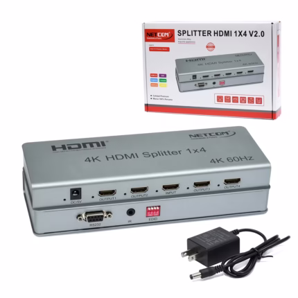 Splitter HDMI 1x4 4K 60HZ Versión 2.0 con Gestión EDID NETCOM PE-SP0074: Distribución de Video Inteligente, Splitter HDMI 1x4 profesional Netcom PE-SP0074 de metal color gris, mostrando sus puertos y selectores EDID para distribución de video 4K, producto de HD Multimedia PERU SAC.