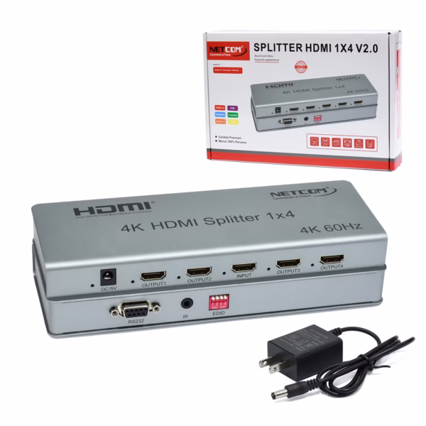 Splitter HDMI 1x4 4K 60HZ Versión 2.0 con Gestión EDID NETCOM PE-SP0074: Distribución de Video Inteligente, Splitter HDMI 1x4 profesional Netcom PE-SP0074 de metal color gris, mostrando sus puertos y selectores EDID para distribución de video 4K, producto de HD Multimedia PERU SAC.