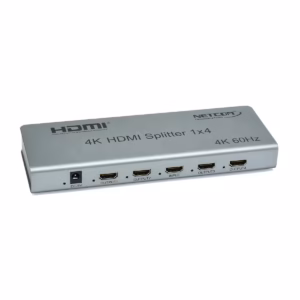 Splitter HDMI 1x4 4K 60HZ Versión 2.0 con Gestión EDID NETCOM PE-SP0074: Distribución de Video Inteligente, Splitter HDMI 1x4 profesional Netcom PE-SP0074 de metal color gris, mostrando sus puertos y selectores EDID para distribución de video 4K, producto de HD Multimedia PERU SAC.