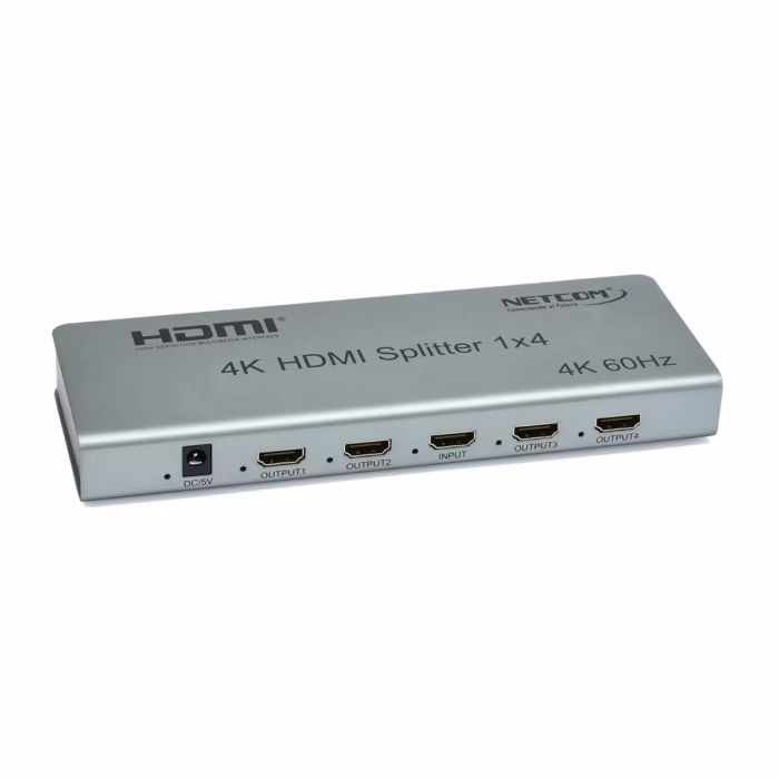 Splitter HDMI × K HZ NETCOM PE SP Versión  con Gestión EDID Distribución de Video Inteligente  Splitter HDMI x K HZ Versión  con Gestión EDID NETCOM PE SP Distribución de Video Inteligente Splitter HDMI x profesional Netcom PE SP de metal color gris mostrando sus puertos y selectores EDID para distribución de video K producto de HD Multimedia PERU SAC  HD Multimedia PERU SAC