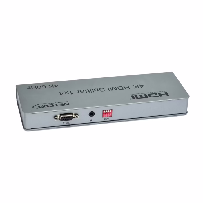 Splitter HDMI × K HZ NETCOM PE SP Versión  con Gestión EDID Distribución de Video Inteligente  Splitter HDMI x K HZ Versión  con Gestión EDID NETCOM PE SP Distribución de Video Inteligente Splitter HDMI x profesional Netcom PE SP de metal color gris mostrando sus puertos y selectores EDID para distribución de video K producto de HD Multimedia PERU SAC  HD Multimedia PERU SAC