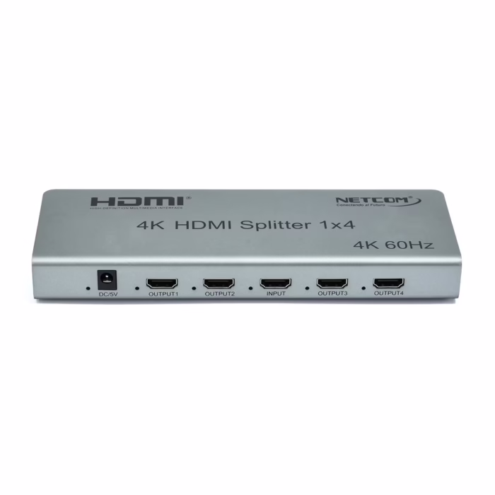 Splitter HDMI × K HZ NETCOM PE SP Versión  con Gestión EDID Distribución de Video Inteligente  Splitter HDMI x K HZ Versión  con Gestión EDID NETCOM PE SP Distribución de Video Inteligente Splitter HDMI x profesional Netcom PE SP de metal color gris mostrando sus puertos y selectores EDID para distribución de video K producto de HD Multimedia PERU SAC  HD Multimedia PERU SAC