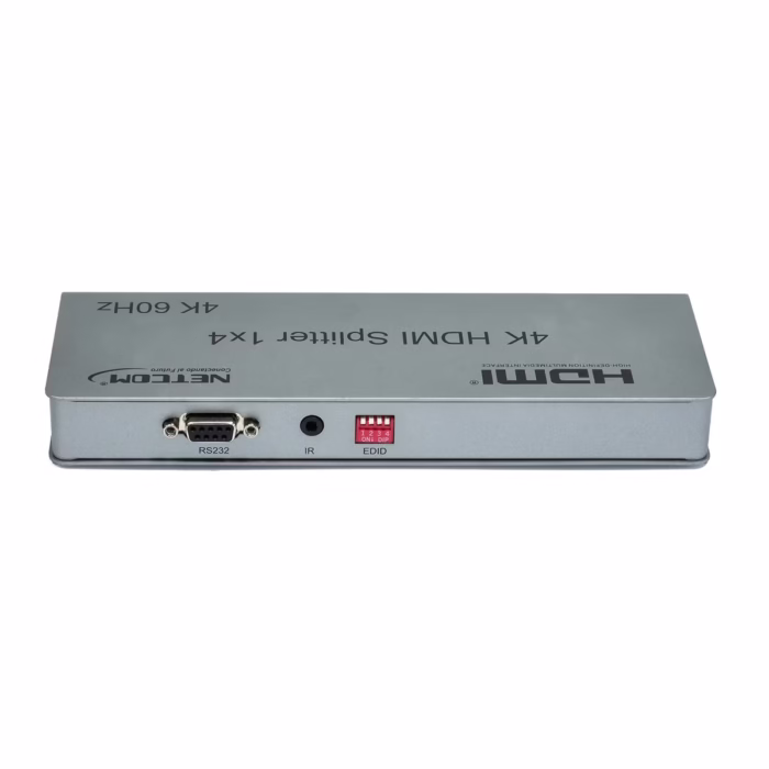 Splitter HDMI × K HZ NETCOM PE SP Versión  con Gestión EDID Distribución de Video Inteligente  Splitter HDMI x K HZ Versión  con Gestión EDID NETCOM PE SP Distribución de Video Inteligente Splitter HDMI x profesional Netcom PE SP de metal color gris mostrando sus puertos y selectores EDID para distribución de video K producto de HD Multimedia PERU SAC  HD Multimedia PERU SAC