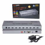 Splitter HDMI 1x8 4K 60Hz Ultra HD v2.0 NETCOM PE-SP0077 | Distribuidor en Perú, Splitter HDMI 1x8 profesional Netcom PE-SP0077 de metal color gris, mostrando su único puerto de entrada y sus ocho puertos de salida para distribución de video 4K, producto de HD Multimedia PERU SAC.