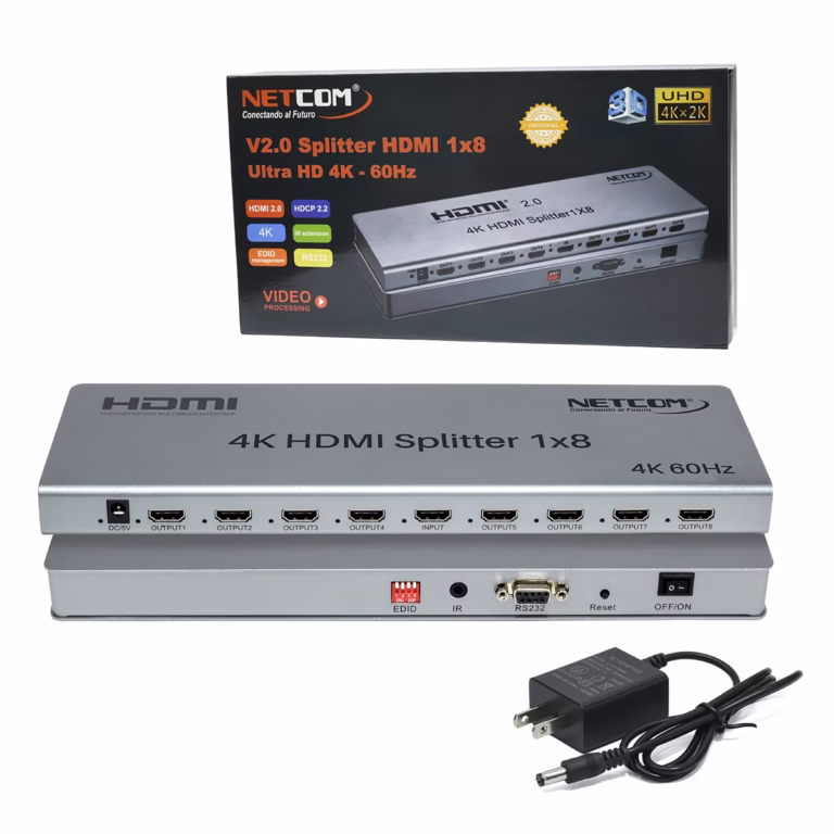 Splitter HDMI 1x8 4K 60Hz Ultra HD v2.0 NETCOM PE-SP0077 | Distribuidor en Perú, Splitter HDMI 1x8 profesional Netcom PE-SP0077 de metal color gris, mostrando su único puerto de entrada y sus ocho puertos de salida para distribución de video 4K, producto de HD Multimedia PERU SAC.