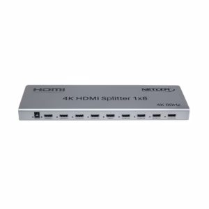 Splitter HDMI 1x8 4K 60Hz Ultra HD v2.0 NETCOM PE-SP0077 | Distribuidor en Perú, Splitter HDMI 1x8 profesional Netcom PE-SP0077 de metal color gris, mostrando su único puerto de entrada y sus ocho puertos de salida para distribución de video 4K, producto de HD Multimedia PERU SAC.
