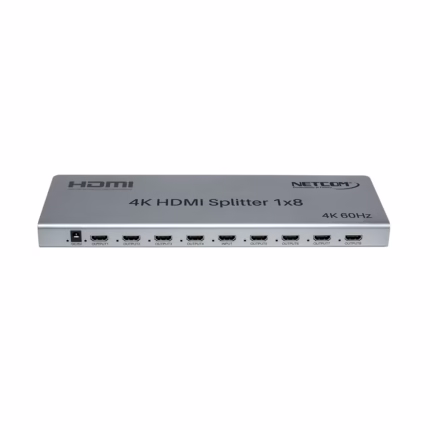Splitter HDMI 1x8 4K 60Hz Ultra HD v2.0 NETCOM PE-SP0077 | Distribuidor en Perú, Splitter HDMI 1x8 profesional Netcom PE-SP0077 de metal color gris, mostrando su único puerto de entrada y sus ocho puertos de salida para distribución de video 4K, producto de HD Multimedia PERU SAC.