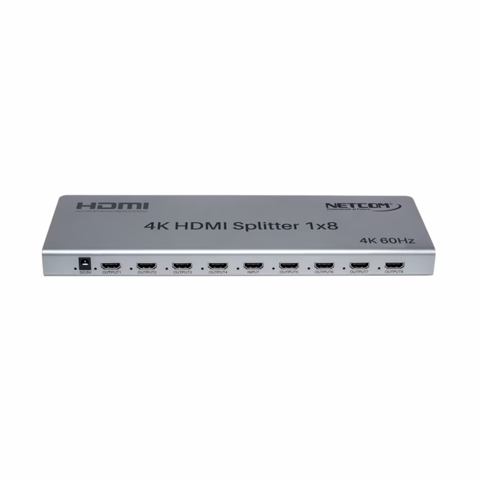 Splitter HDMI x K Hz Ultra HD v NETCOM PE SP | Distribuidor en Perú Splitter HDMI x profesional Netcom PE SP de metal color gris mostrando su único puerto de entrada y sus ocho puertos de salida para distribución de video K producto de HD Multimedia PERU SAC