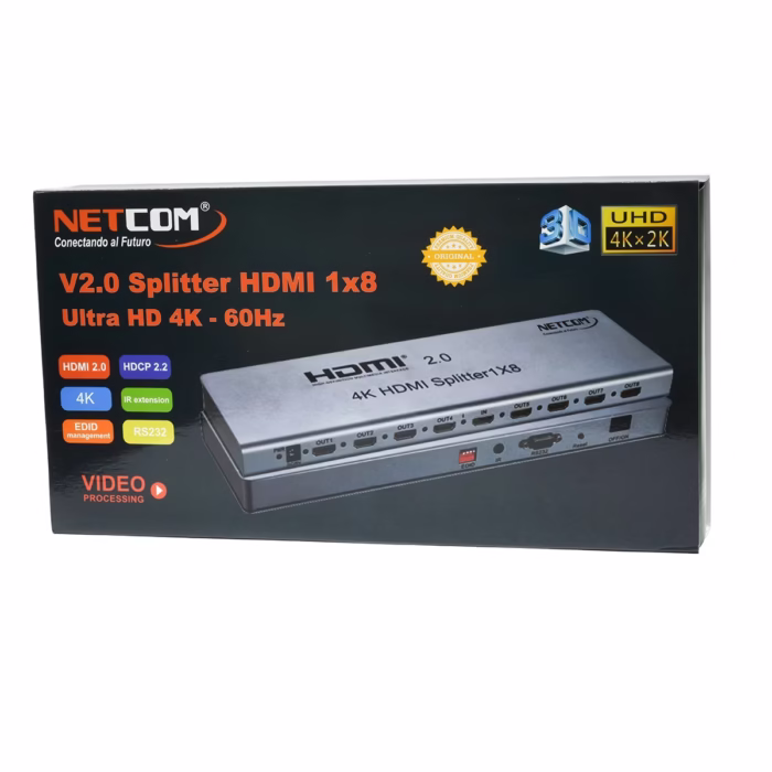 Splitter HDMI x K Hz Ultra HD v NETCOM PE SP | Distribuidor en Perú Splitter HDMI x profesional Netcom PE SP de metal color gris mostrando su único puerto de entrada y sus ocho puertos de salida para distribución de video K producto de HD Multimedia PERU SAC