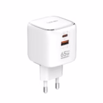 Super Cargador Viajero de 65W GaN con USB-C y USB-A PD+QC3 LDNIO Q2617, Super cargador de viaje universal LDNIO Q2617 de 65W y color blanco, mostrando su tecnología GaN compacta, sus puertos USB-C y USB-A, y sus enchufes internacionales intercambiables, producto de HD Multimedia PERU SAC.