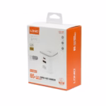 Super Cargador Viajero de 65W GaN con USB-C y USB-A PD+QC3 LDNIO Q2617, Super cargador de viaje universal LDNIO Q2617 de 65W y color blanco, mostrando su tecnología GaN compacta, sus puertos USB-C y USB-A, y sus enchufes internacionales intercambiables, producto de HD Multimedia PERU SAC.
