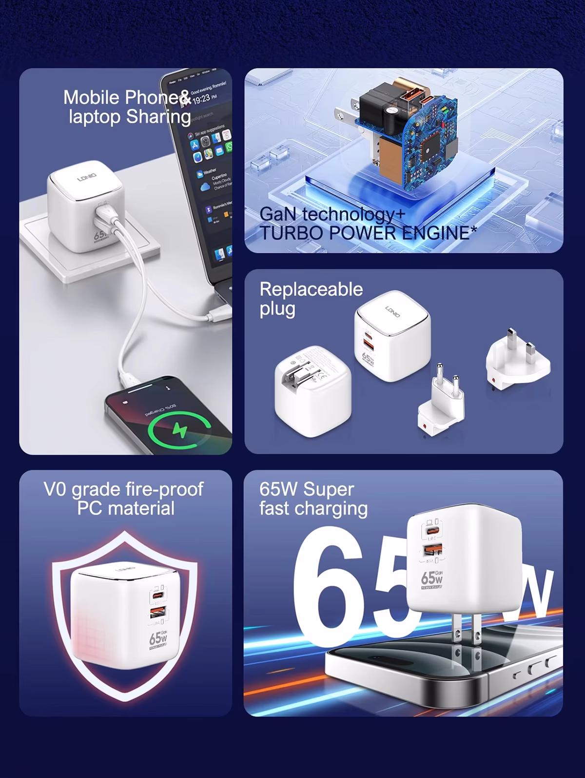 Super Cargador Viajero de 65W GaN con USB-C y USB-A PD+QC3 LDNIO Q2617, Super cargador de viaje universal LDNIO Q2617 de 65W y color blanco, mostrando su tecnología GaN compacta, sus puertos USB-C y USB-A, y sus enchufes internacionales intercambiables, producto de HD Multimedia PERU SAC.